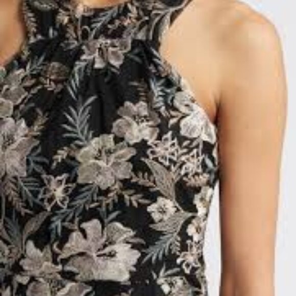 Maggy London Nissa embroidered black mesh gold halter dress gown size 10 - Picture 8 of 9